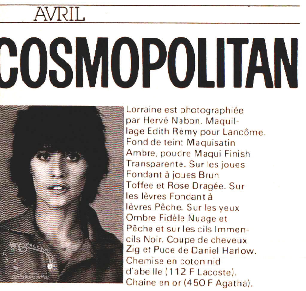 Cosmopolitan magazine inside credit page, detailing Lorraine Bracco's makeup by Lancôme, hair by Daniel Harlow, and a Lacoste shirt. Includes a small black and white photo of her cover look.