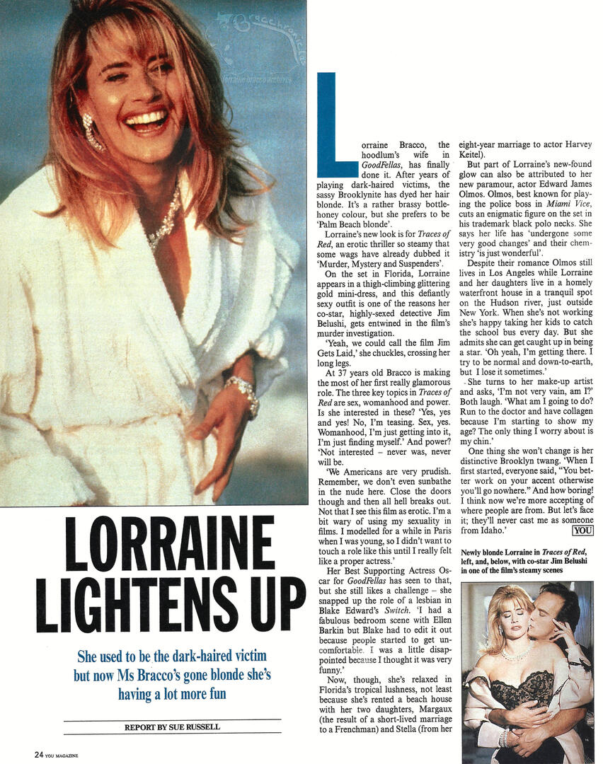 YOU magazine spread titled "Lorraine Lightens Up" about Lorraine Bracco's blonde hair role in Traces of Red. Large photo shows her laughing in a white robe; smaller photo shows a scene with co-star Jim Belushi.