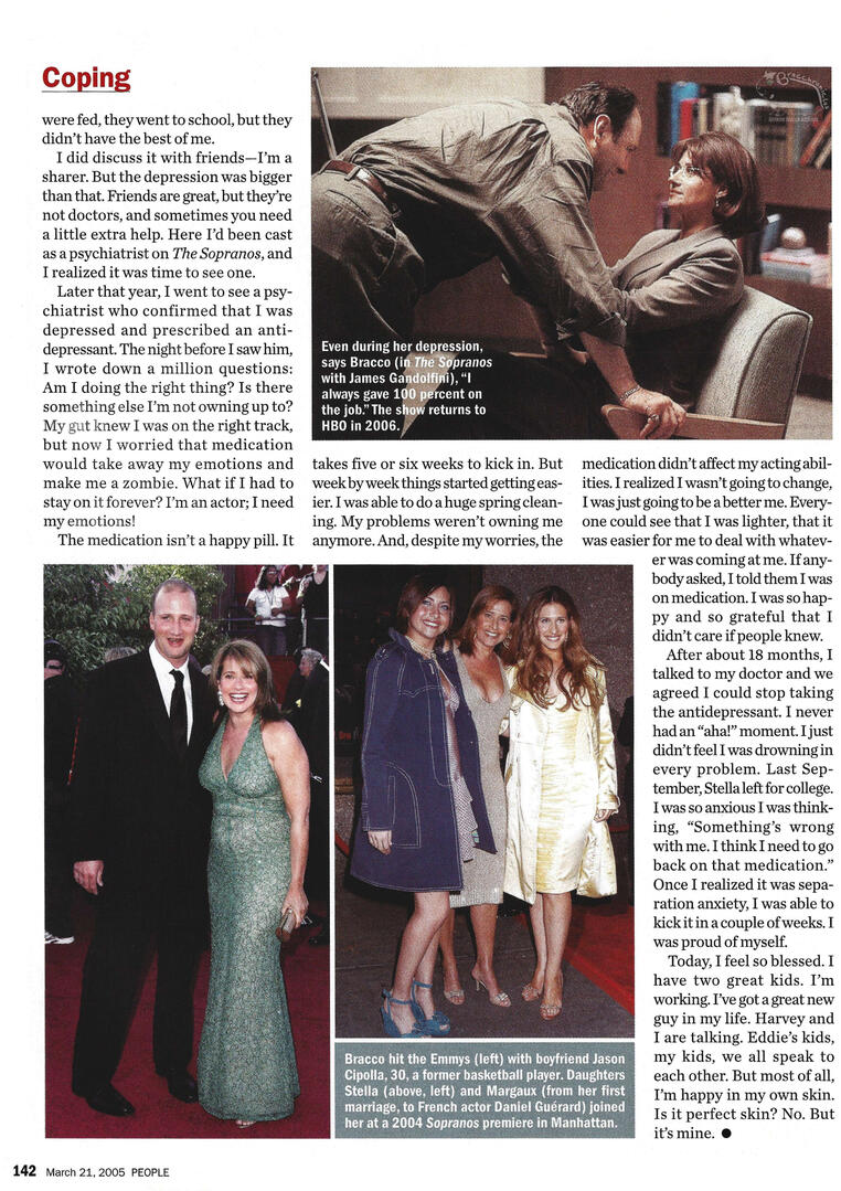 Continuation of the People magazine feature on Lorraine Bracco. Top photo shows a scene from The Sopranos with Dr. Jennifer Melfi and Tony Soprano. Bottom photos show Bracco on the red carpet at the Emmys with Jason Cipolla, and one with her daughters.