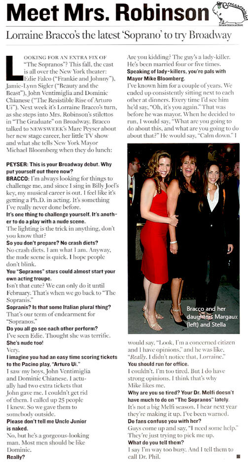 Newsweek magazine article titled 'Meet Mrs. Robinson' about Lorraine Bracco joining 'The Graduate' on Broadway. Includes a photograph of Lorraine Bracco smiling alongside her daughters, Margaux and Stella, at an evening event.