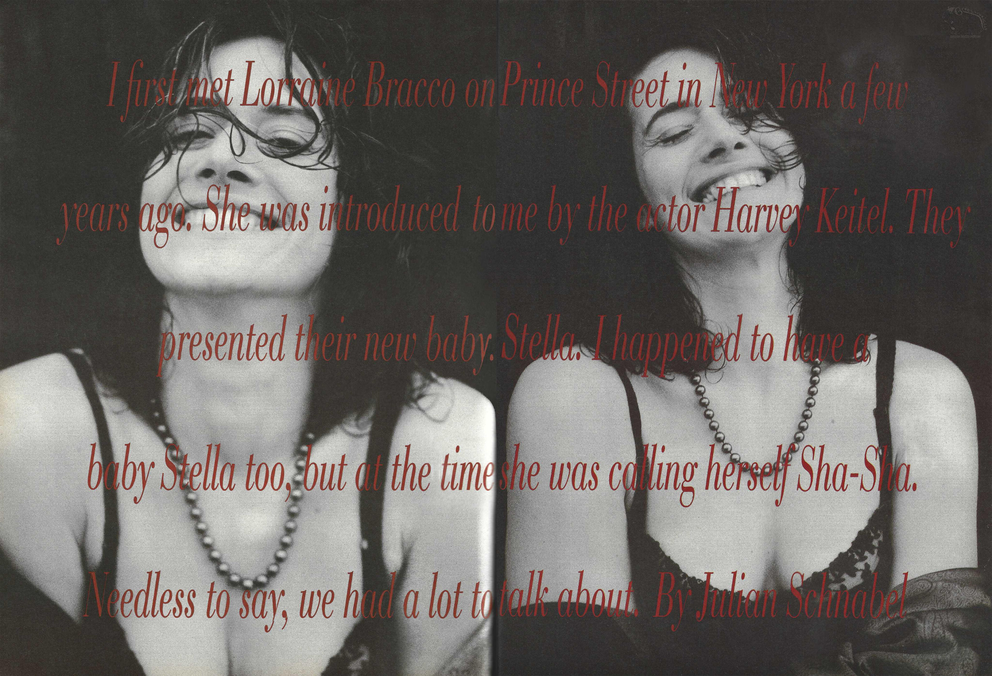 Continuation of Interview magazine spreads, featuring two black and white photos of Lorraine Bracco smiling, overlaid with red text.