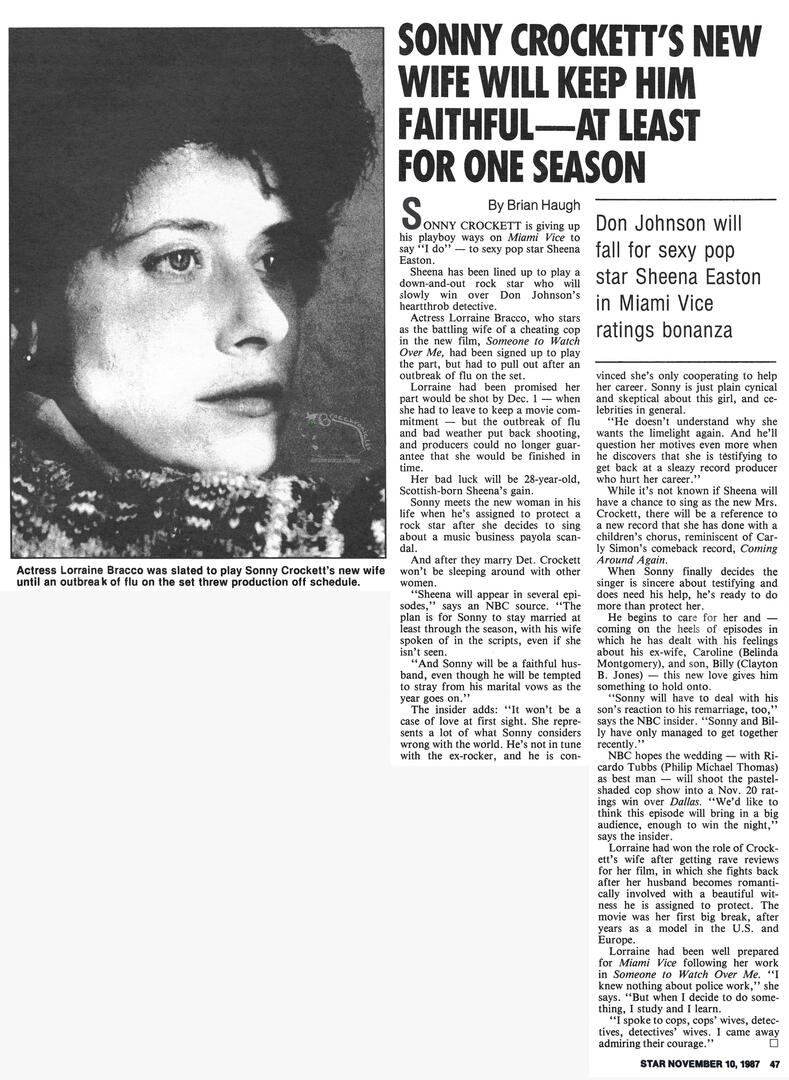 Star magazine article about Miami Vice titled "Sonny Crockett's New Wife", featuring a black and white film still of actress Lorraine Bracco as Ellie Keegan in Someone to Watch Over Me.