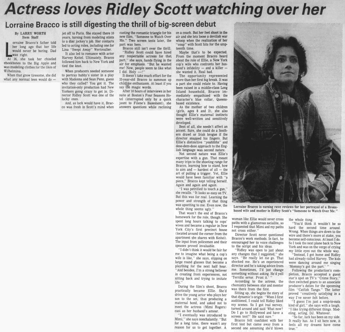 Star magazine article about Miami Vice titled "Sonny Crockett's New Wife", featuring a black and white film still of actress Lorraine Bracco as Ellie Keegan in Someone to Watch Over Me.