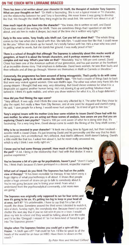 Newspaper spread from The Herald featuring an interview with Lorraine Bracco about playing Dr. Melfi on The Sopranos, alongside a photo of Bracco in a black suit.