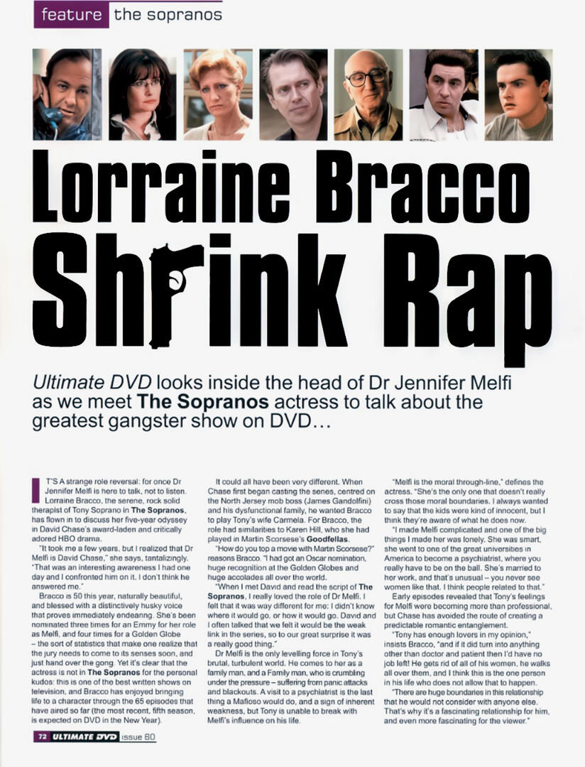 Ultimate DVD magazine feature spread titled 'Lorraine Bracco: Shrink Rap' about her role as Dr. Jennifer Melfi in The Sopranos. A row of headshots at the top features characters from the show like Tony Soprano, Carmela Soprano, Christopher Moltisanti, etc.