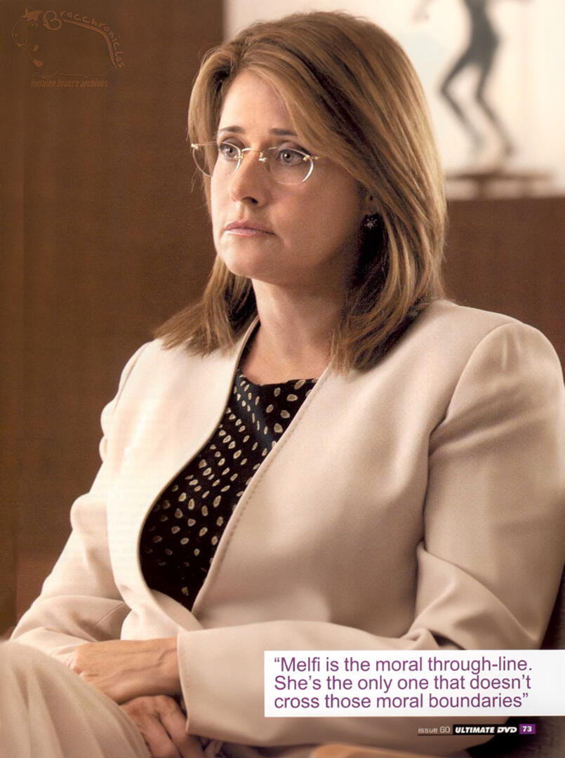 Magazine page from Ultimate DVD featuring a press still of Lorraine Bracco as Dr. Jennifer Melfi in The Sopranos.
