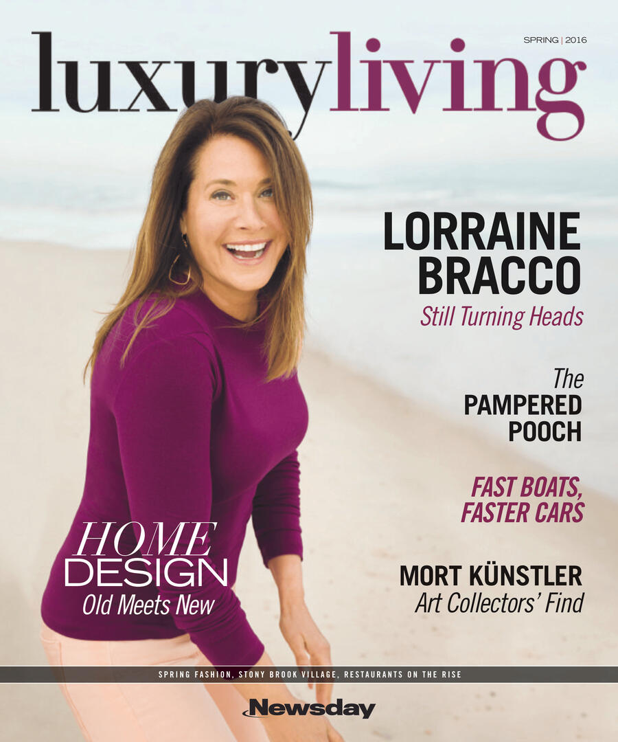 Cover of 2016 Luxury Living magazine by Newsday, featuring a smiling Lorraine Bracco on a beach. Text highlights include Home Design: Old Meets New, The Pampered Pooch, and Fast Boats, Faster Cars.