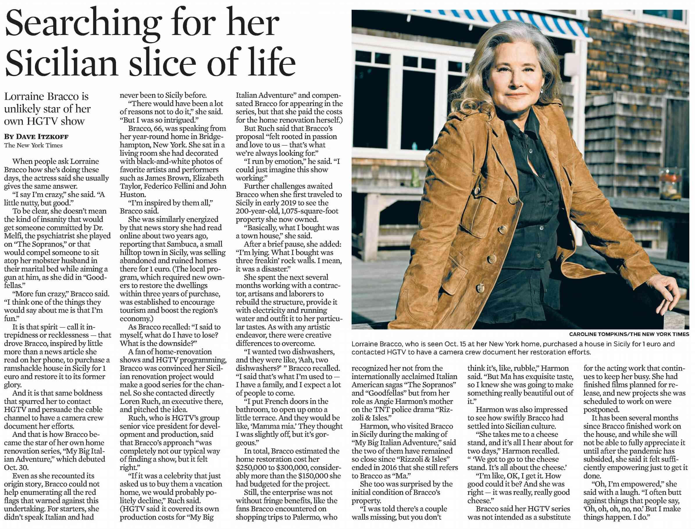 The Guardian newspaper article spread from 2025 featuring an interview with The Sopranos actress Lorraine Bracco for the 'Honest Playlist' section. The page includes a black and white portrait of a smiling Lorraine Bracco.