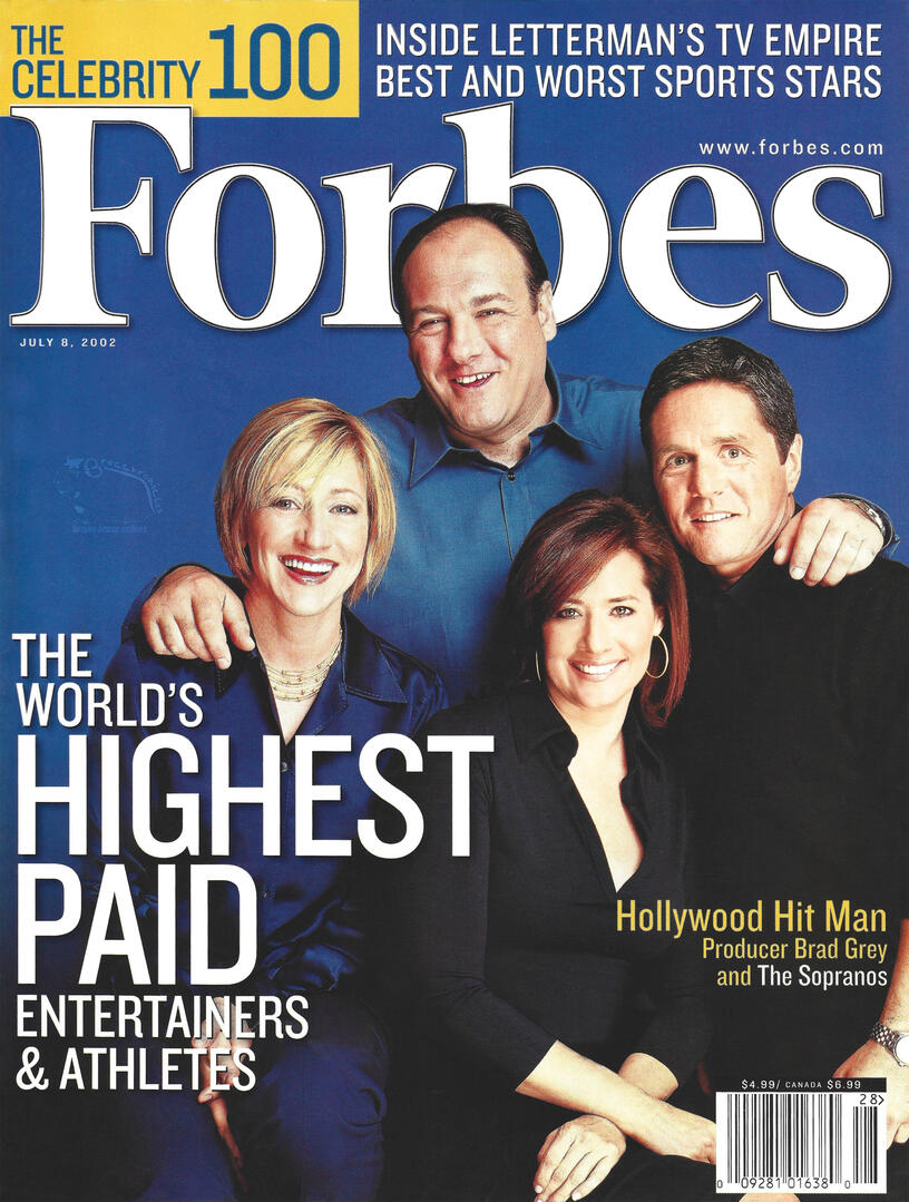 Cover of Forbes Magazine for "The Celebrity 100" issue. Features Edie Falco, James Gandolfini, Lorraine Bracco, and producer Brad Grey with the headline "The World's Highest Paid Entertainers & Athletes."