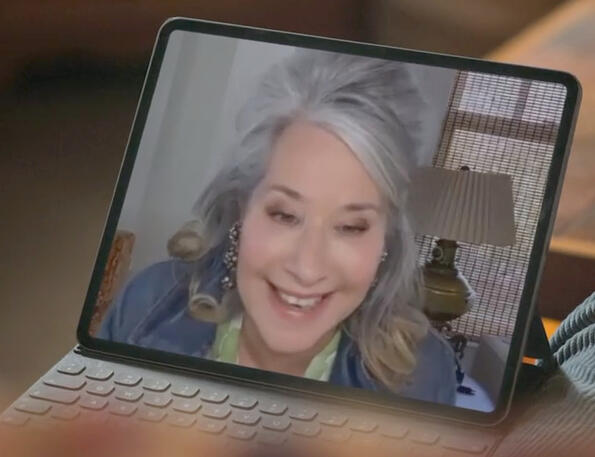 10 Lorraine Bracco on a tablet zoom call screen with her son on the comedy show Jerk.
