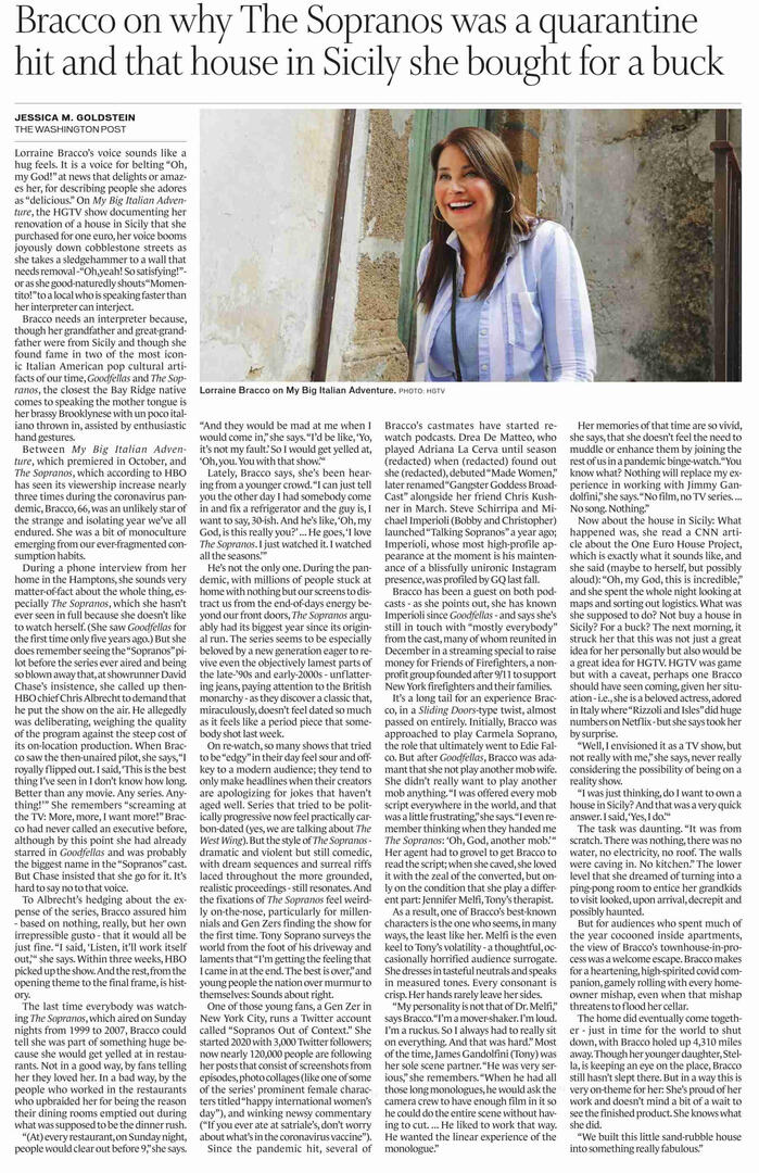 Magazine feature page of actress Lorraine Bracco smiling in a red dress, leaning forward with hands on hips. The article is titled 'There's No Looking Back' and discusses her roles in Goodfellas and The Sopranos, alongside her book 'To the Fullest'