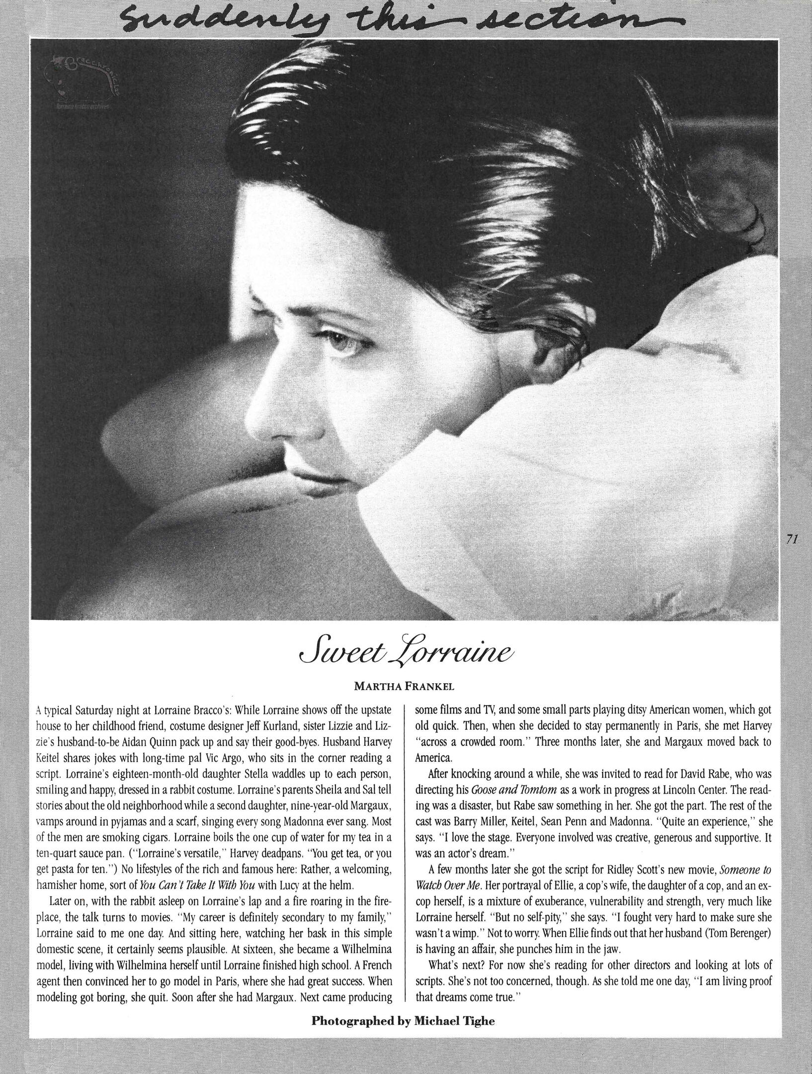 Details magazine article layout titled "Sweet Lorraine", featuring a close-up black and white photograph of actress Lorraine Bracco resting her chin on her hands. Photographed by Michael Tighe with accompanying interview text.