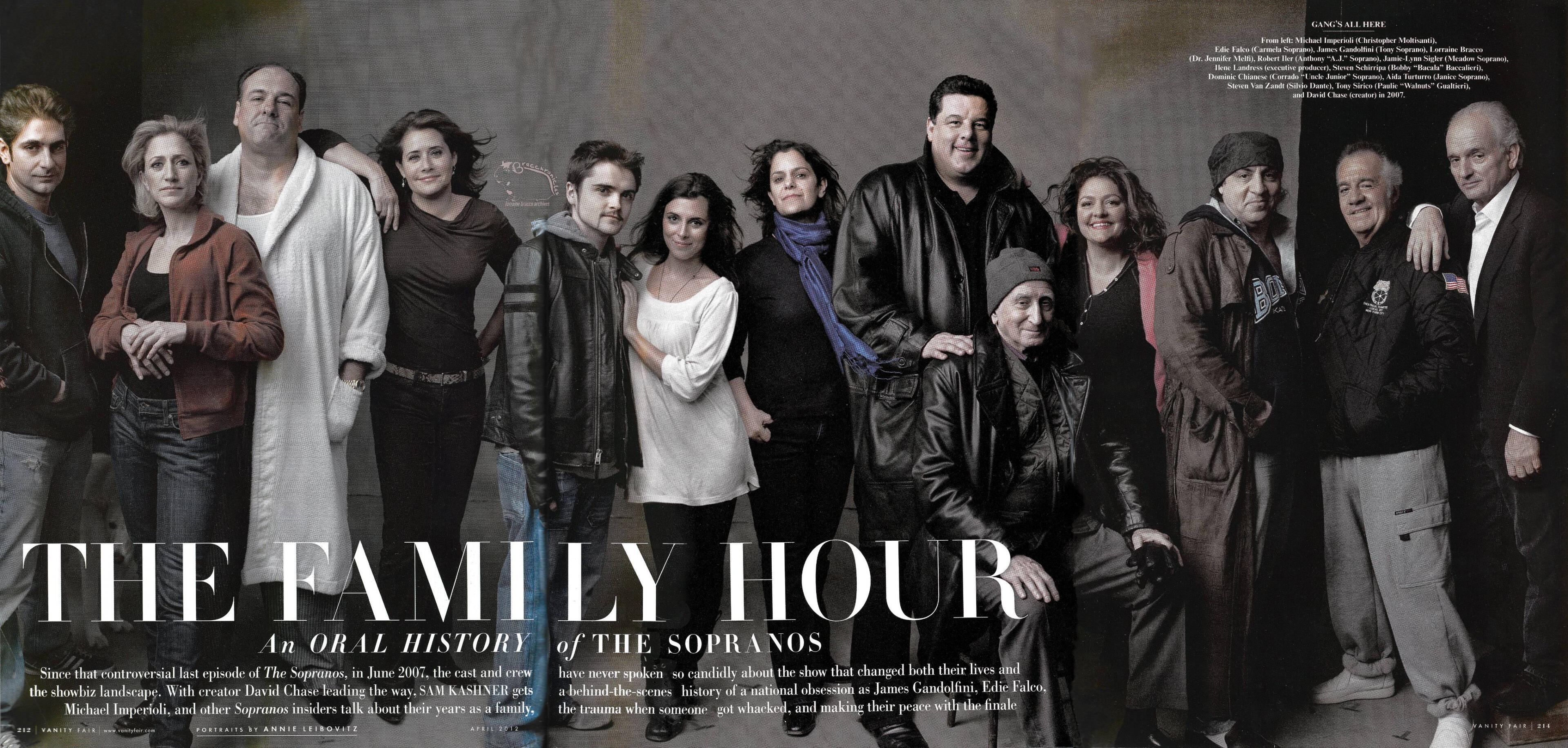 Vanity Fair magazine spread titled "The Family Hour: An Oral History of The Sopranos" featuring a group portrait of the cast and crew, including James Gandolfini in a white bathrobe, Lorraine Bracco, Edie Falco, Michael Imperioli, and creator David Chase.