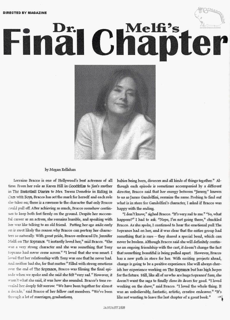 Magazine spread from Directed By Magazine titled "Dr. Melfi's Final Chapter" by Megan Callahan. Features a black and white photograph of actress Lorraine Bracco smiling gently, centered above text discussing her role as Dr. Jennifer Melfi in The Sopranos