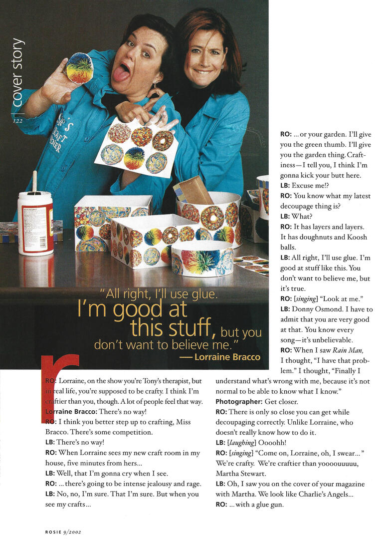 Rosie magazine interior spread feature interview with Lorraine Bracco. The photo shows Rosie O'Donnell and Lorraine Bracco making funny faces while posing with colourful decoupaged boxes and crafts.