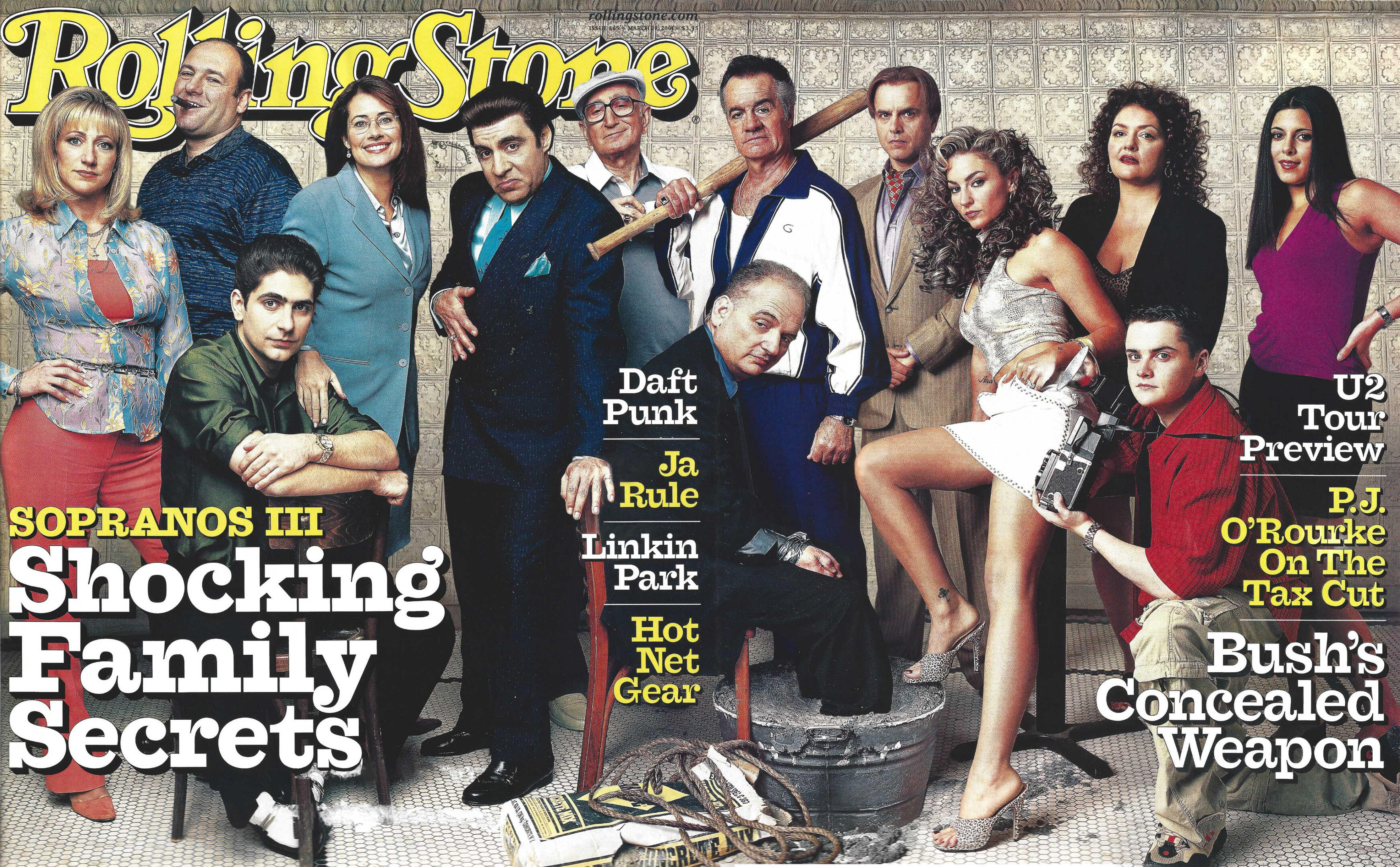 Rolling Stone magazine cover featuring a wide group photo of the full ensemble cast, including James Gandolfini, Edie Falco, Michael Imperioli, Lorraine Bracco, Steven Van Zandt, Tony Sirico, and Drea de Matteo posing in a tiled room.