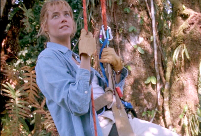11 Lorraine Bracco wearing a blue shirt and gloves harnessed to a rope in Medicine Man.
