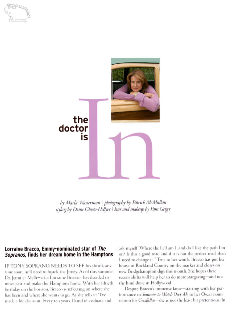 Article spread from HamptonStyle magazine titled "The Doctor is In" featuring actress Lorraine Bracco, Emmy-nominated star of The Sopranos, leaning out of a vehicle window.