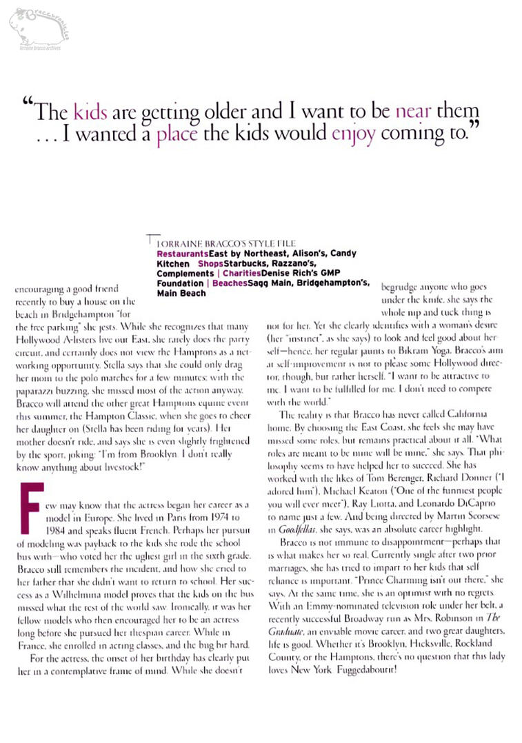 Editorial page from HamptonStyle magazine featuring a large pull quote from Lorraine Bracco about her kids, alongside text detailing "Lorraine Bracco's Style File" in the Hamptons.