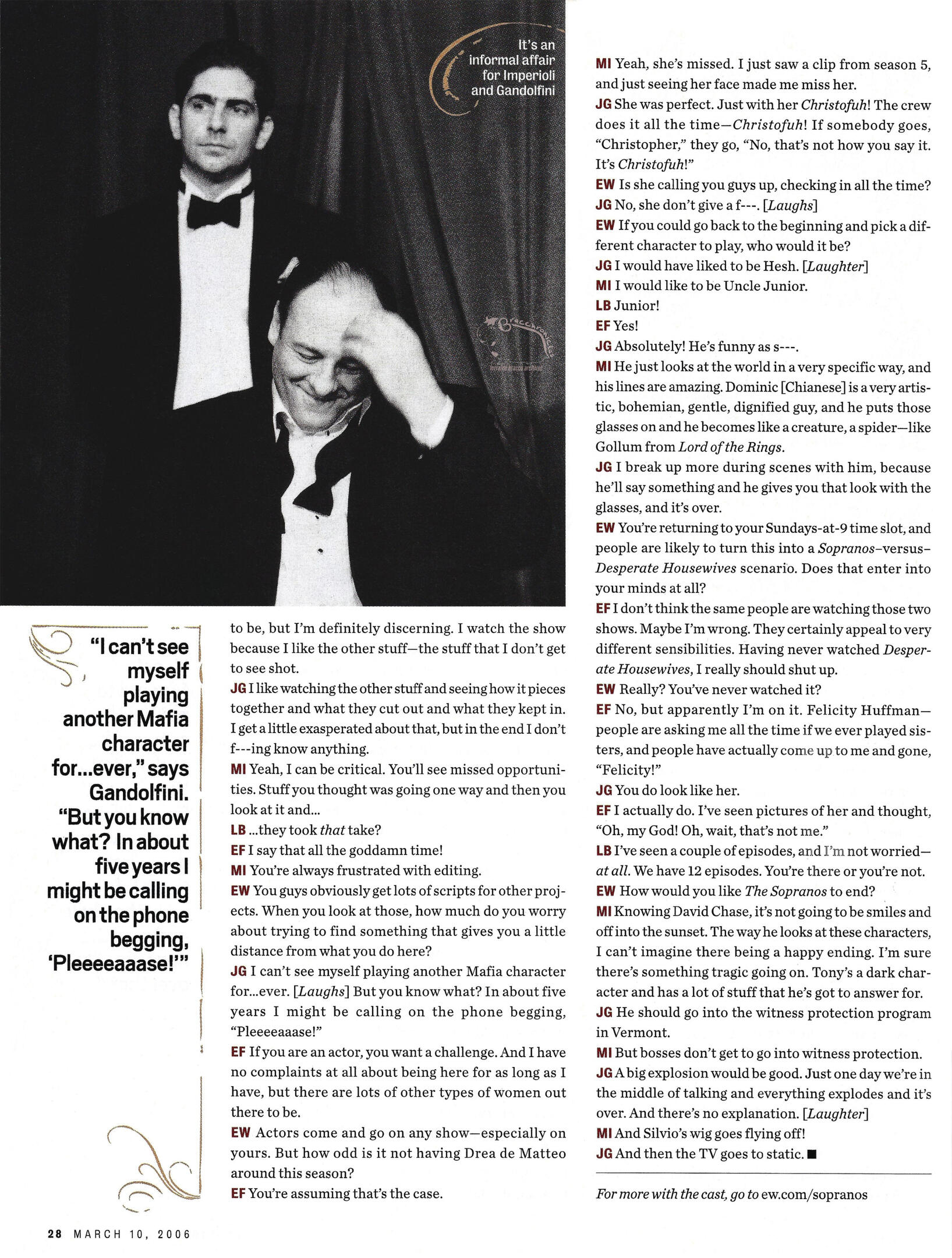 Entertainment Weekly interview page, featuring a black-and-white photo of Michael Imperioli and James Gandolfini in tuxedos. The accompanying text includes a Q&A with The Sopranos cast about the show's finale.
