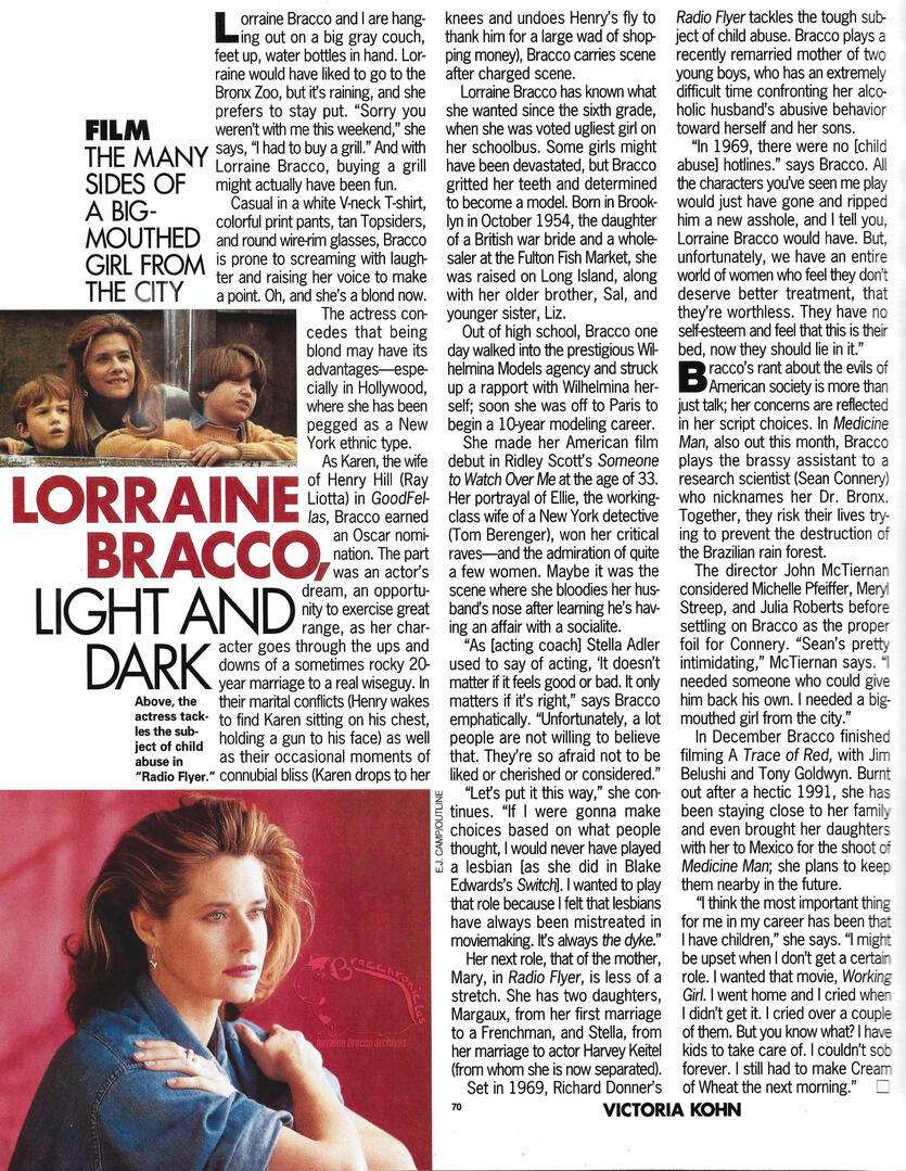Elle magazine article spread featuring actress Lorraine Bracco. Headline reads "Lorraine Bracco, Light and Dark" with two photos of the actress, one from Radio Flyer with Elijah Wood, and another portrait.
