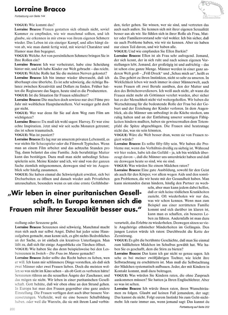 Vogue Germany interview article continuation page profiling Lorraine Bracco. Q&A text mentions Harvey Keitel and her film Switch.