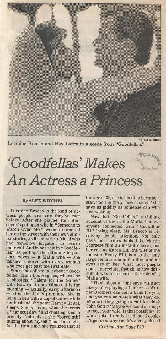 Mirabella magazine article profile on actress Lorraine Bracco. Features a large, minimalist black and white portrait of Bracco with short hair, wearing an oversized white button down shirt, above introductory text about her screen presence.