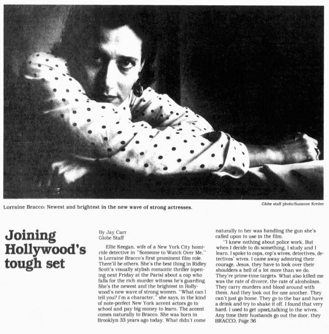 Star magazine article about Miami Vice titled "Sonny Crockett's New Wife", featuring a black and white film still of actress Lorraine Bracco as Ellie Keegan in Someone to Watch Over Me.