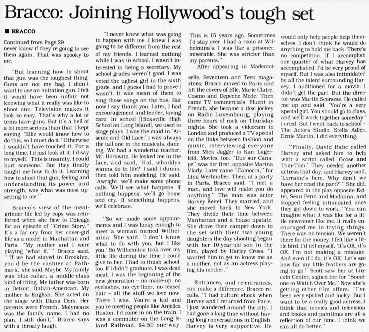 Star magazine article about Miami Vice titled "Sonny Crockett's New Wife", featuring a black and white film still of actress Lorraine Bracco as Ellie Keegan in Someone to Watch Over Me.