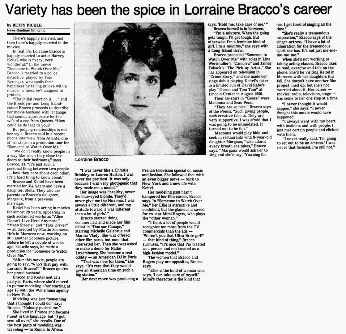 Star magazine article about Miami Vice titled "Sonny Crockett's New Wife", featuring a black and white film still of actress Lorraine Bracco as Ellie Keegan in Someone to Watch Over Me.