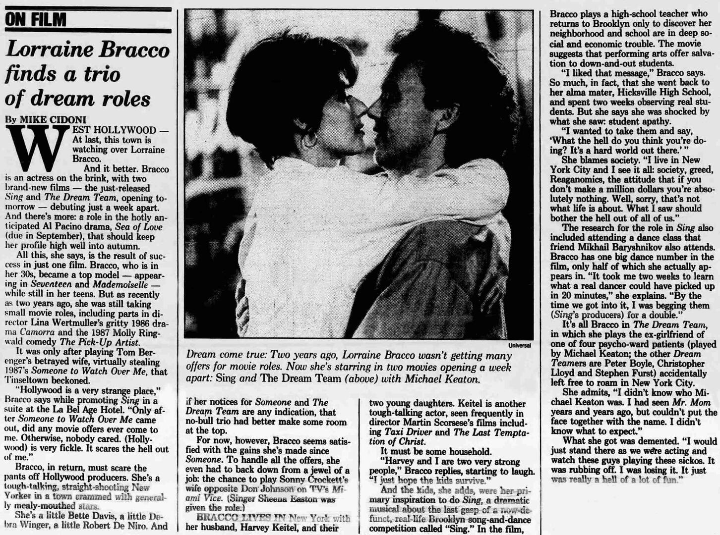 Premier magazine article titled "Cameos" profiling actress Lorraine Bracco, featuring text columns and a promotional portrait of Bracco wearing a white shirt and gold earrings from her movie Sing.