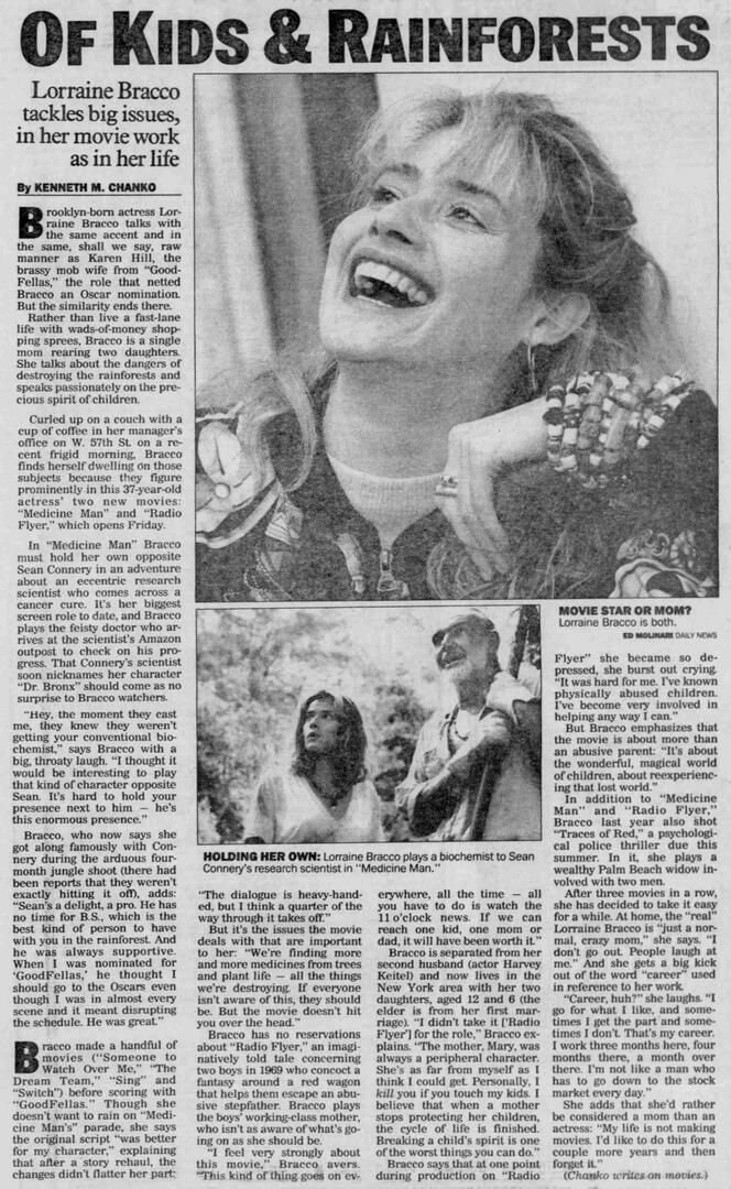 LA Times RSVP newspaper clipping from Feb 1992 featuring a black and white photo of actors Sean Connery and Lorraine Bracco smiling at the "Medicine Man" movie premiere afterparty at the El Capitan Theatre.