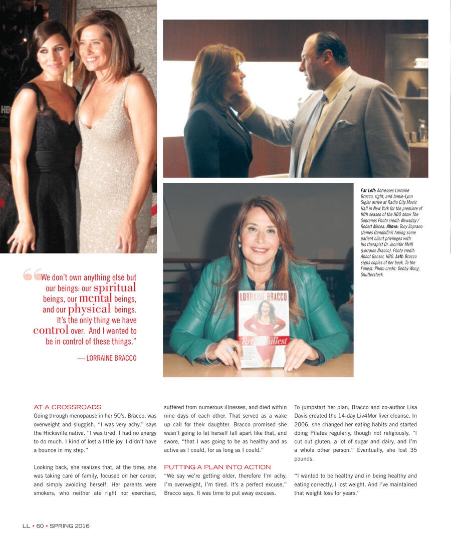 Magazine feature layout about actress Lorraine Bracco, including a photo with Jamie-Lynn Sigler at The Sopranos premiere, a still with James Gandolfini, and Lorraine holding her book, 'To the Fullest'.