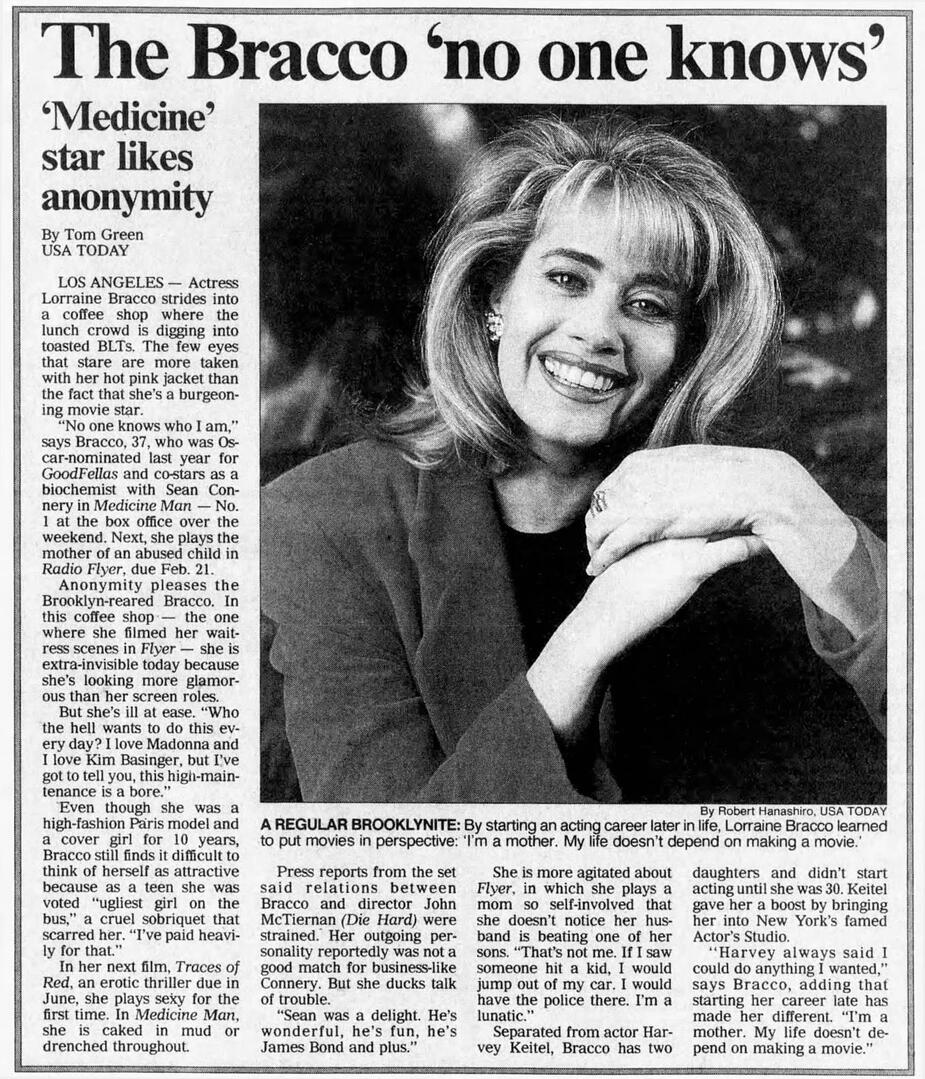 YOU magazine spread titled "Lorraine Lightens Up" about Lorraine Bracco's blonde hair role in Traces of Red. Large photo shows her laughing in a white robe; smaller photo shows a scene with co-star Jim Belushi.