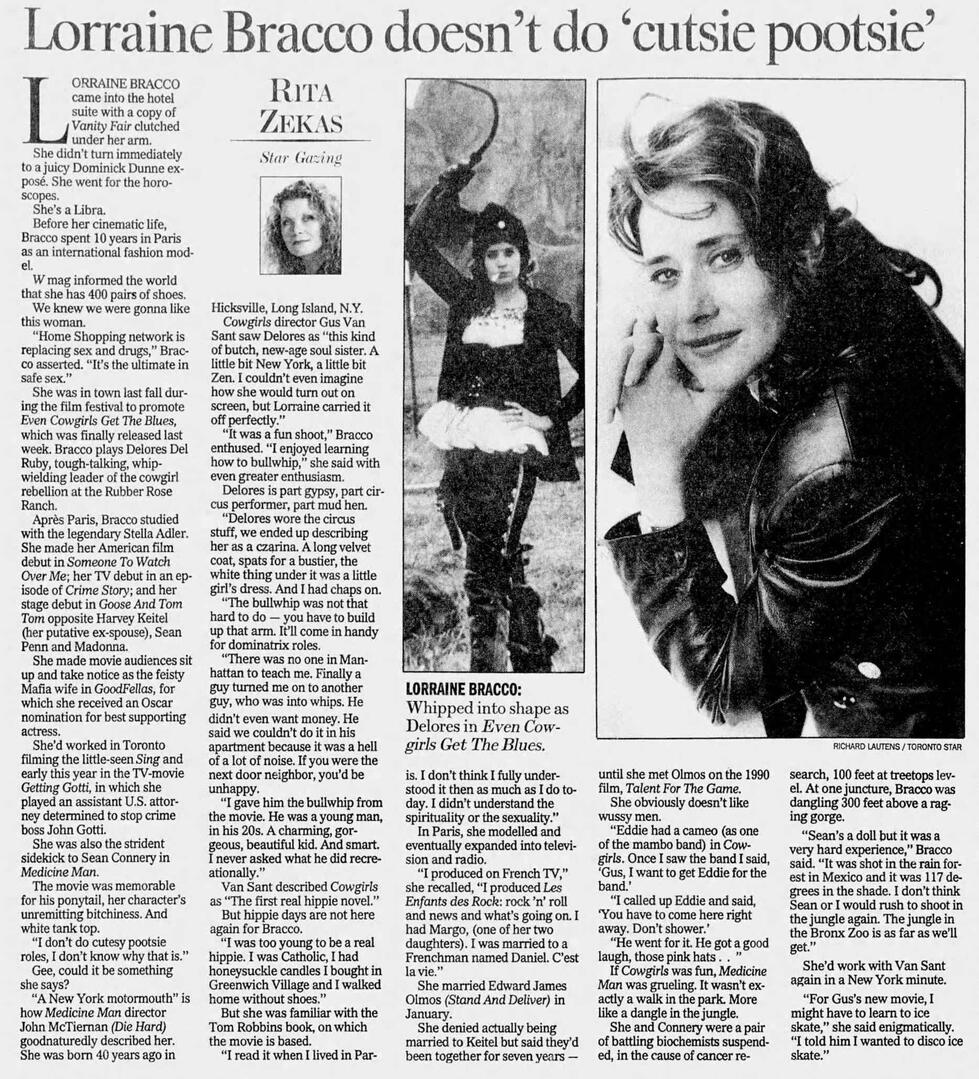 Interview magazine spread featuring Lorraine Bracco as Delores del Ruby in Even Cowgirls Get the Blues. She poses in western attire holding a whip with a horse and desert rocks behind her. Includes a quote from Tom Robbins' novel.