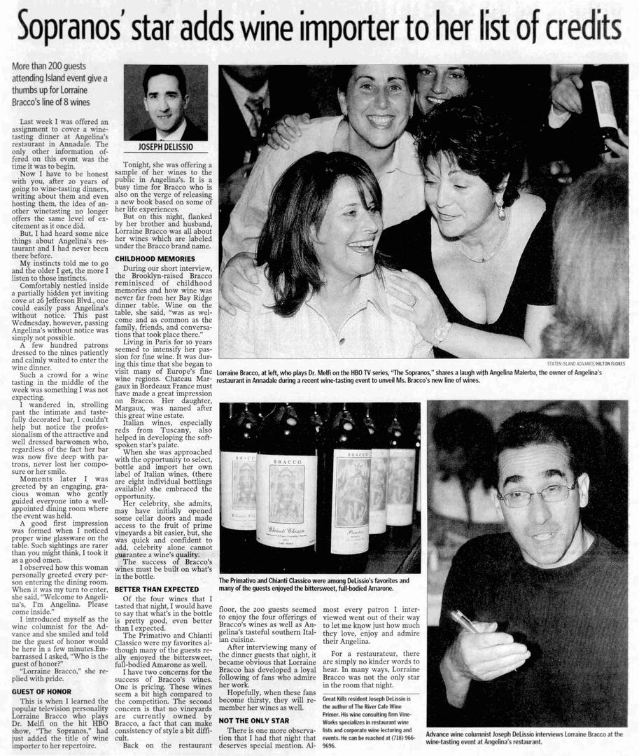 A New York Times article, titled 'The Doctor Is In' featuring an interview with actress Lorraine Bracco by Deborah Solomon. Features a full-body portrait by Christian Oth which shows her posing in a tan jacket, dark navy dress, and blue heels.