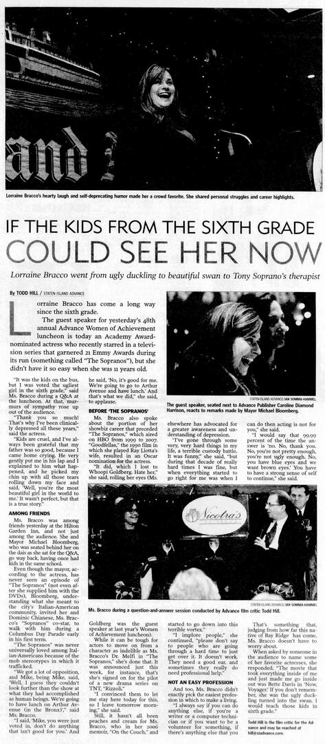 Magazine spread from Directed By Magazine titled "Dr. Melfi's Final Chapter" by Megan Callahan. Features a black and white photograph of actress Lorraine Bracco smiling gently, centered above text discussing her role as Dr. Jennifer Melfi in The Sopranos
